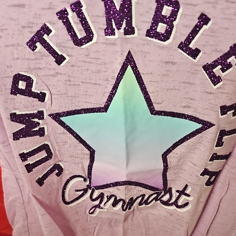 Justice Girls Purple Jump, Tumble. Flip Gymnast Tie Front T-Shirt Size 8